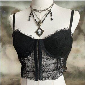 Gothic Fairy Grunge Black Lace Corset-Style Bralette Crop Top